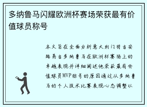多纳鲁马闪耀欧洲杯赛场荣获最有价值球员称号