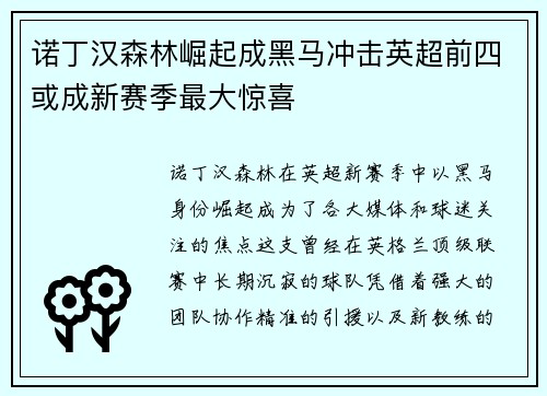 诺丁汉森林崛起成黑马冲击英超前四或成新赛季最大惊喜