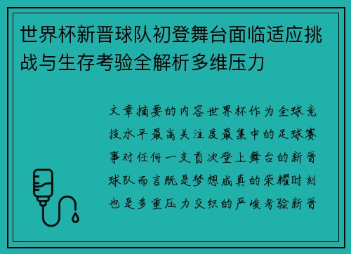 世界杯新晋球队初登舞台面临适应挑战与生存考验全解析多维压力