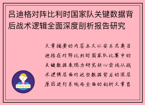 吕迪格对阵比利时国家队关键数据背后战术逻辑全面深度剖析报告研究